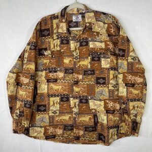 Vintage Real Work Wear Men's XXL Aztec Horses Western LS Button Up Shirt Retro